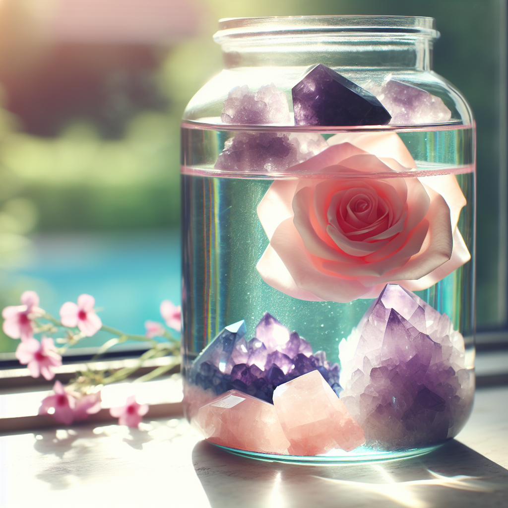 A serene image of a glass jar filled with clear water, sitting on a windowsill where gentle morning light filters through. Inside the jar, soft-pink rose quartz and deep-violet amethyst crystals are gently submerged, casting colorful reflections. The background shows hints of greenery, suggesting a tranquil and natural setting.