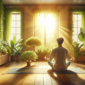 A serene photograph of a person meditating in a sunlit room, surrounded by plants. The warm glow from the window symbolizes peace and mindfulness, embodying the essence of inner tranquility and focus.