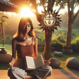 A serene scene of a person sitting cross-legged outdoors, surrounded by nature, with a journal open on their lap. The setting sun casts a warm glow, symbolizing the balance and focus of mindfulness.