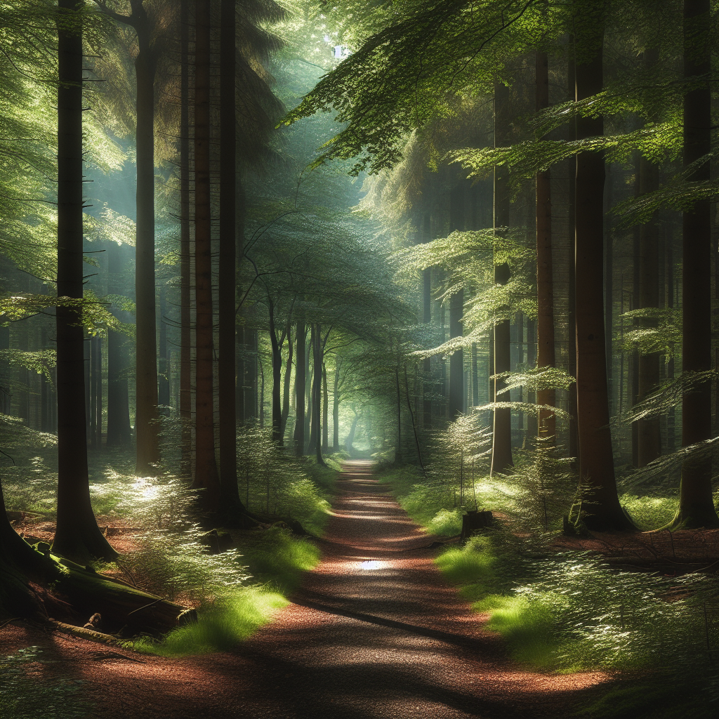 A serene forest pathway with dappled sunlight filtering through the trees, inviting the viewer to imagine the peace and focus one achieves from a nature walk. The path curves gently out of sight, suggesting the endless possibilities for mental clarity and exploration.