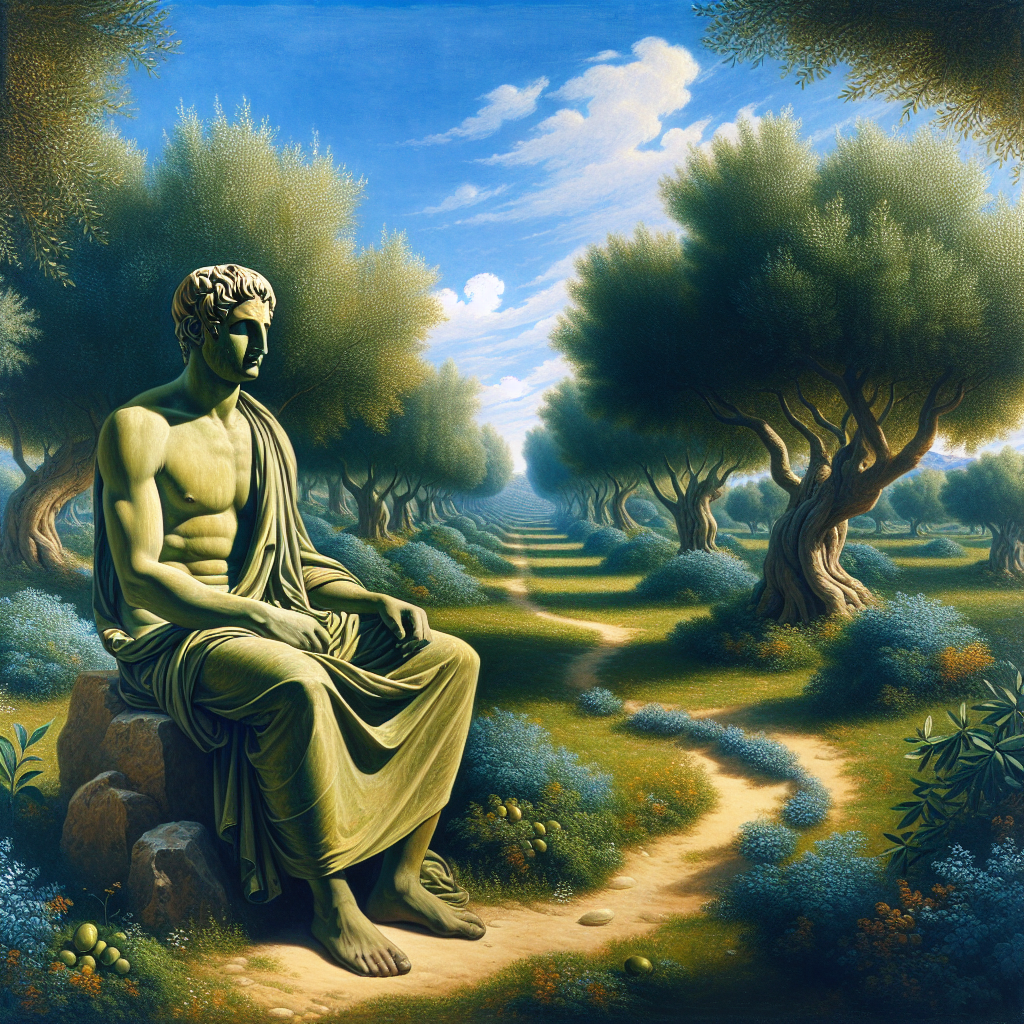 An ancient Greek philosopher sitting in a serene, tranquil garden, meditating under a clear blue sky, symbolizing the practice of focusing on internal states amidst uncontrollable external events. The garden is lush, full of olive trees and quiet paths, representing peace and resilience found through Stoicism.