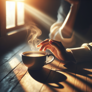 A close-up image of a serene early morning setting with soft sunlight filtering through a window. On a wooden table sits a steaming cup of coffee held gently by relaxed hands, capturing the moment before the first sip, inviting the viewer to imagine the aroma and warmth.