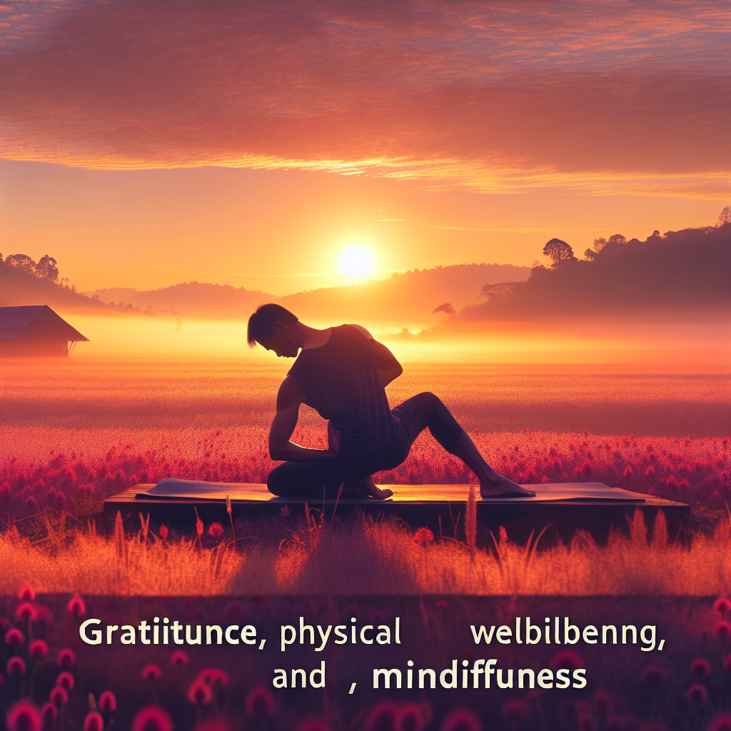 A serene landscape showing a person practicing yoga at sunrise, symbolizing the connection between gratitude, physical health, and mindfulness. The warm and tranquil setting reflects a sense of holistic well-being.