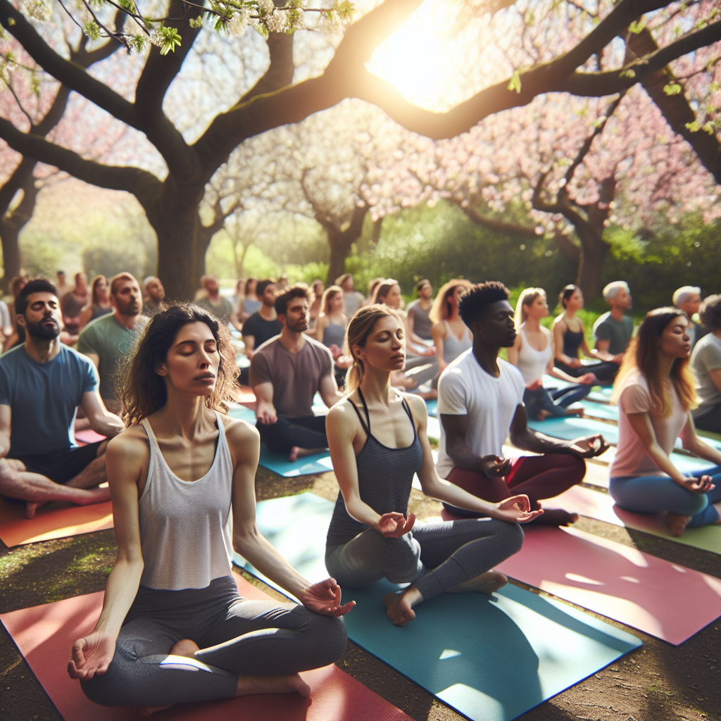 A group of diverse individuals practicing yoga in a tranquil outdoor setting, seated in a cross-legged position on yoga mats. The focus is on deep, synchronized breathing under the shade of blossoming trees, with rays of sunlight filtering through the leaves, accentuating the sense of unity and inner peace.