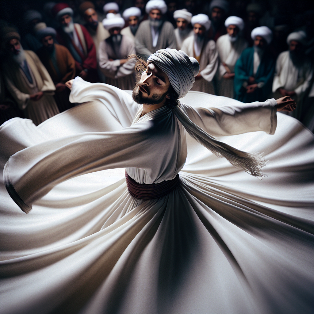 A close-up shot of a Sufi dervish in a white flowing robe, caught mid-twirl with a serene expression on his face. The background shows a blurred crowd watching the performance, highlighting the dancer as he enters a transcendent state, symbolizing spiritual liberation through movement.
