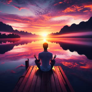 A serene landscape featuring a calm lake at sunrise, with a person sitting cross-legged on a wooden dock, practicing mindful meditation. The reflection of the colorful sky on the still water symbolizes inner peace and clarity.