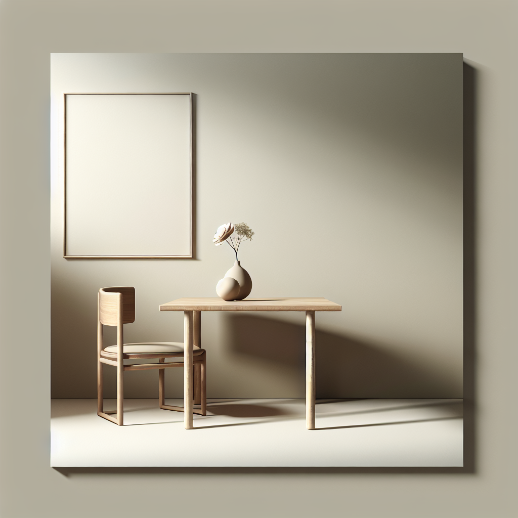 A minimalist room with clean lines and a simple wooden table, a single chair, and a vase with a single flower.