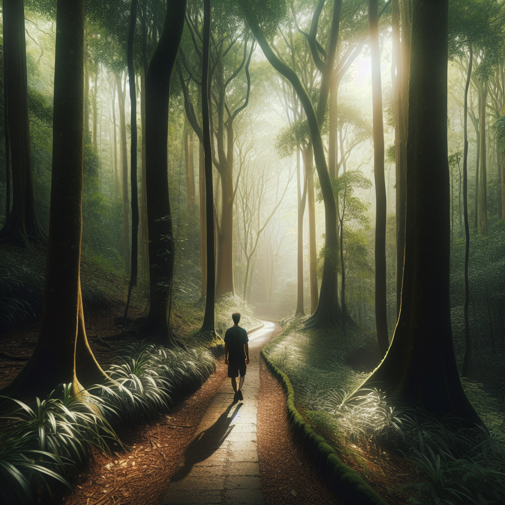 A lush forest scene showing a trail winding through tall trees with sunlight filtering through the leaves.