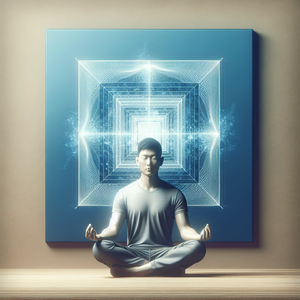 A serene image of a person sitting cross-legged on the floor, focusing intently with eyes closed, surrounded by a soft, calming blue aura to symbolize the calming nature of box breathing. There are faint geometrical patterns in the background depicting the 'square' aspect of the technique.