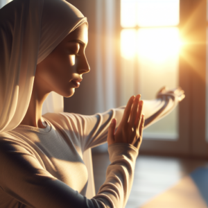 A serene image of a person doing yoga or stretching in the early morning light. The sun rises softly in the background, casting gentle rays that illuminate a peaceful room. The person’s face reflects tranquility as they extend their arms and focus on their breathing, embodying the calm start to a mindful day.