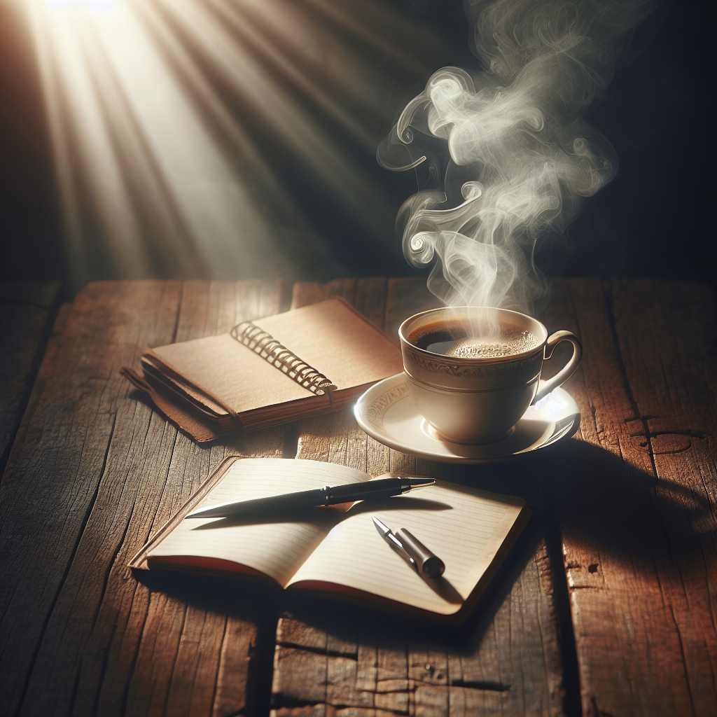A cozy and inviting image of a steaming cup of coffee or tea on a rustic wooden table.
