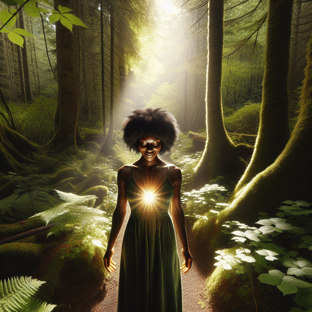 A captivating image of a person walking along a forested path, surrounded by lush greenery and dappled sunlight.