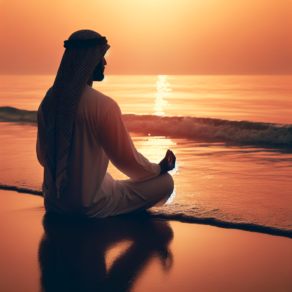 A serene image of a person meditating on a beach at sunrise, sitting cross-legged with hands resting on knees and eyes gently closed. The gentle waves and orange-hued sky illustrate the calm and introspective mood of meditation.