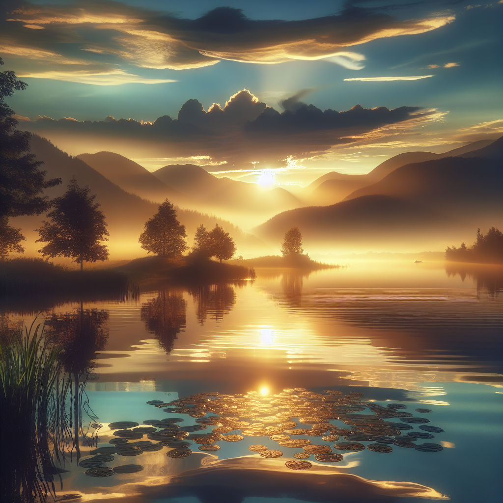 A serene landscape showcasing a tranquil setting by a calm lake at sunrise, symbolizing the peace and relaxation that can be achieved by practicing surrender and letting go of stress.