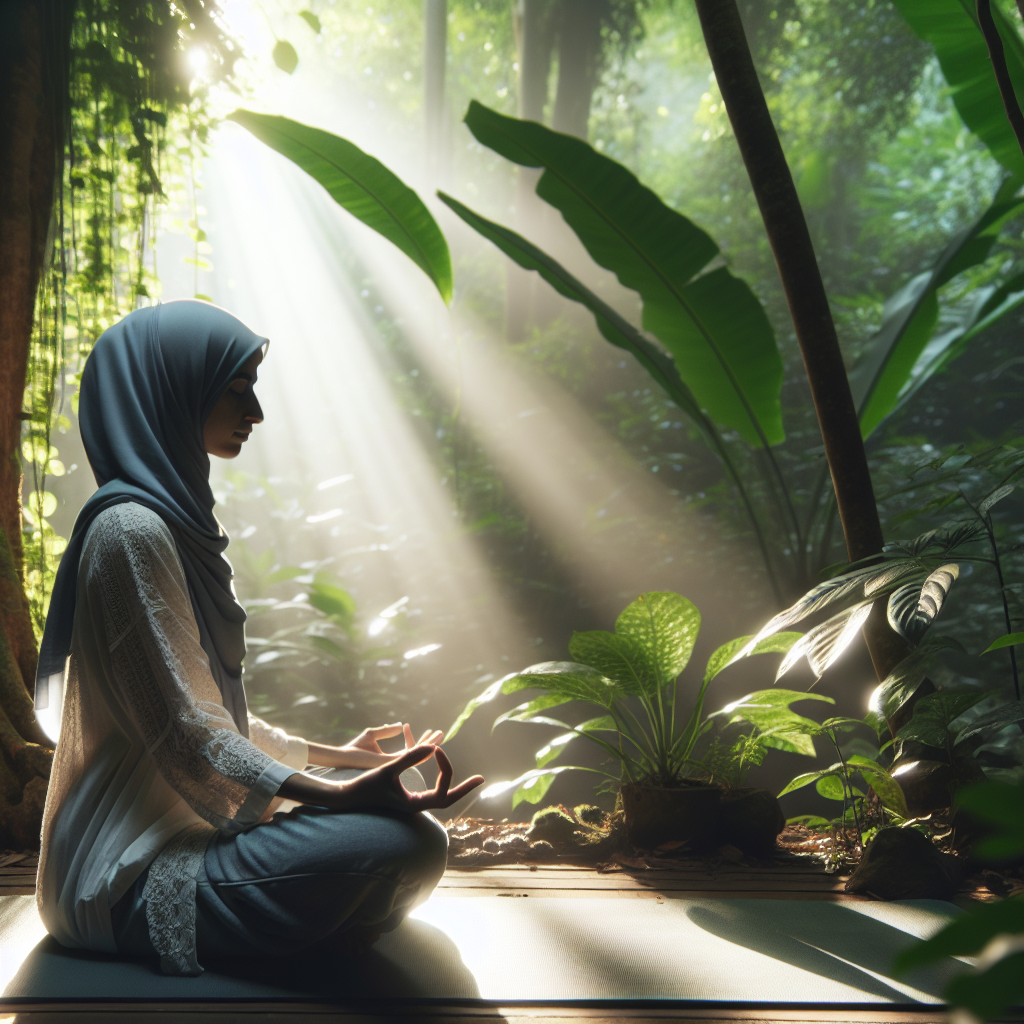 A serene scene of someone practicing yoga in a tranquil outdoor setting surrounded by lush greenery and soft sunlight filtering through the trees, symbolizing the peace and clarity that comes with daily mindfulness practices.