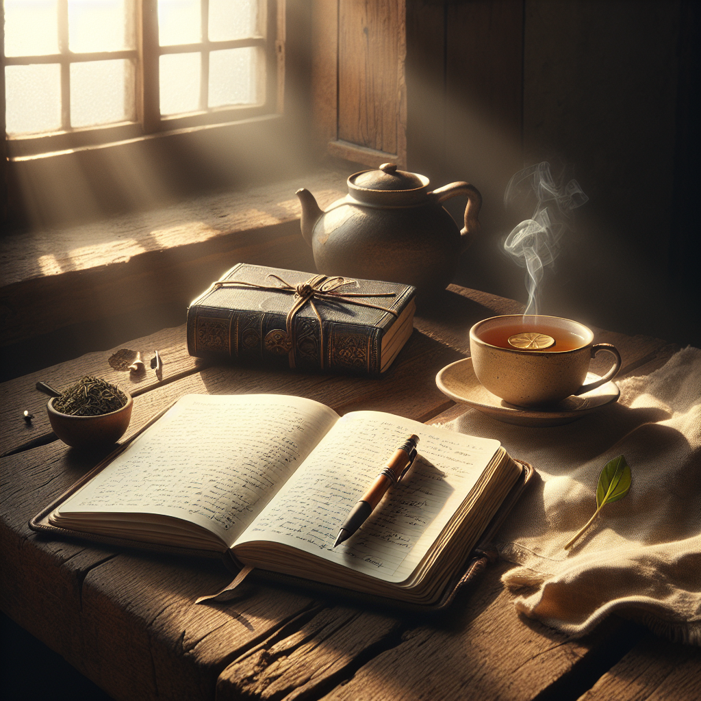 A serene morning scene with a close-up of an open journal, a pen resting on its pages, and a steaming cup of herbal tea nearby, placed on a rustic wooden table, with soft sunlight filtering through a window, casting gentle shadows on the setup.
