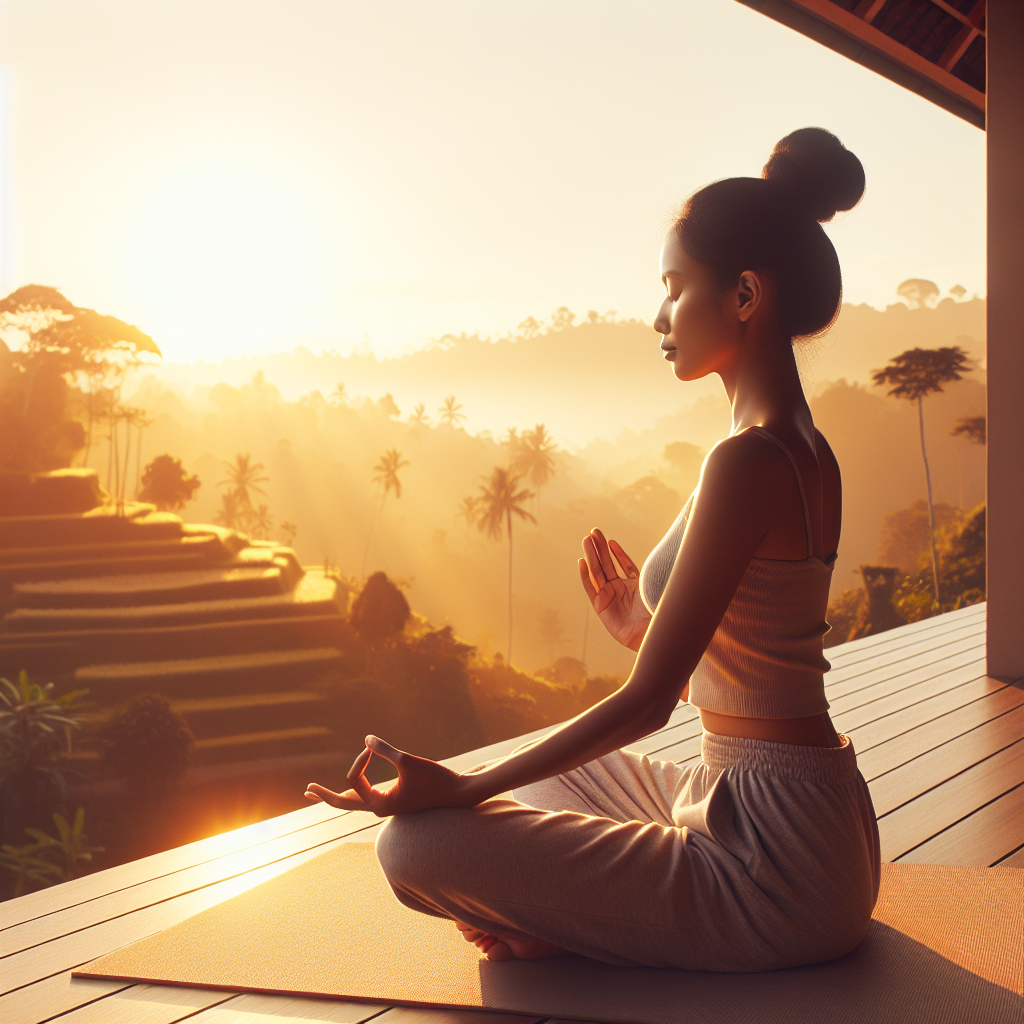 A serene image of a person sitting in a meditation pose on a balcony at sunrise, with soft golden light illuminating the scene. The background shows a calm landscape, emphasizing tranquility and the start of a new, mindful day.