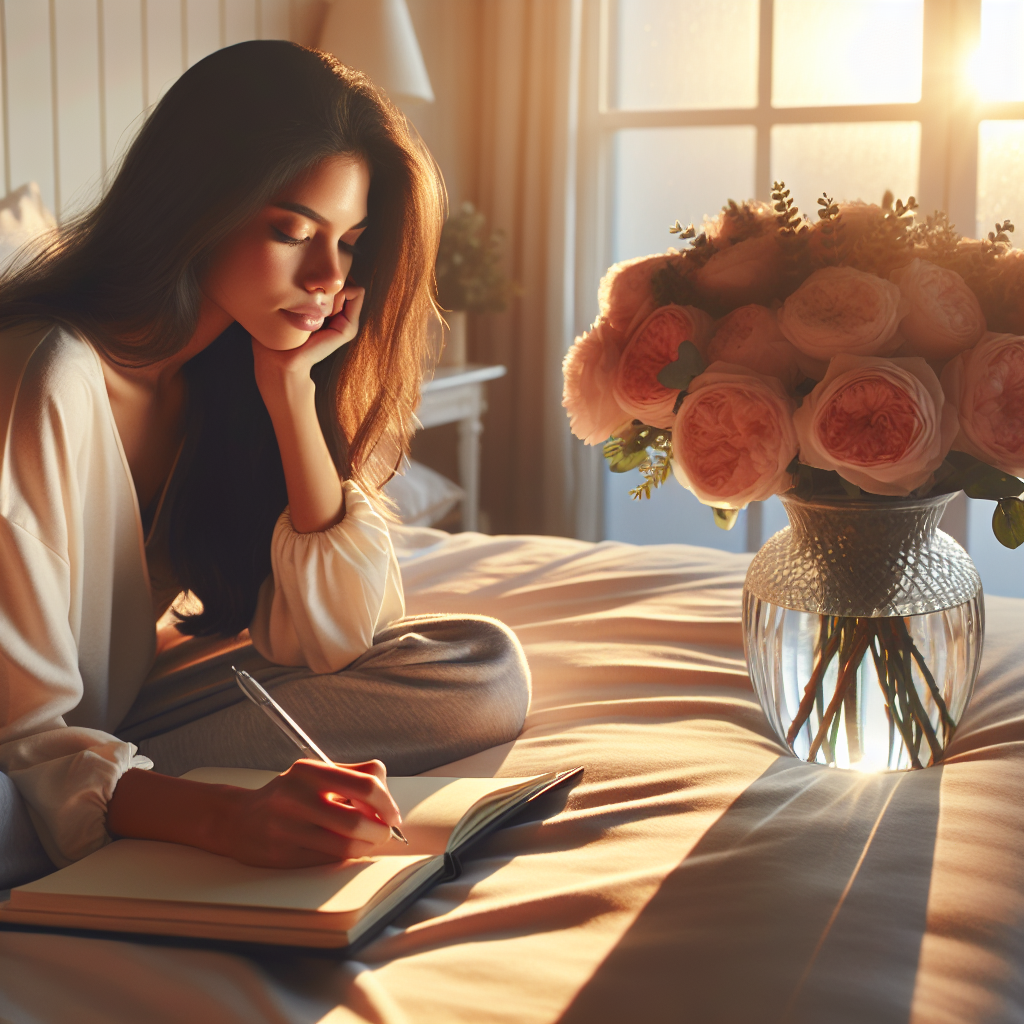 A serene morning scene with a person sitting on a cozy bed, writing in a gratitude journal. Sunlight softly filters through the window, illuminating a vase of fresh flowers on the bedside table, reflecting a peaceful and positive start to the day.