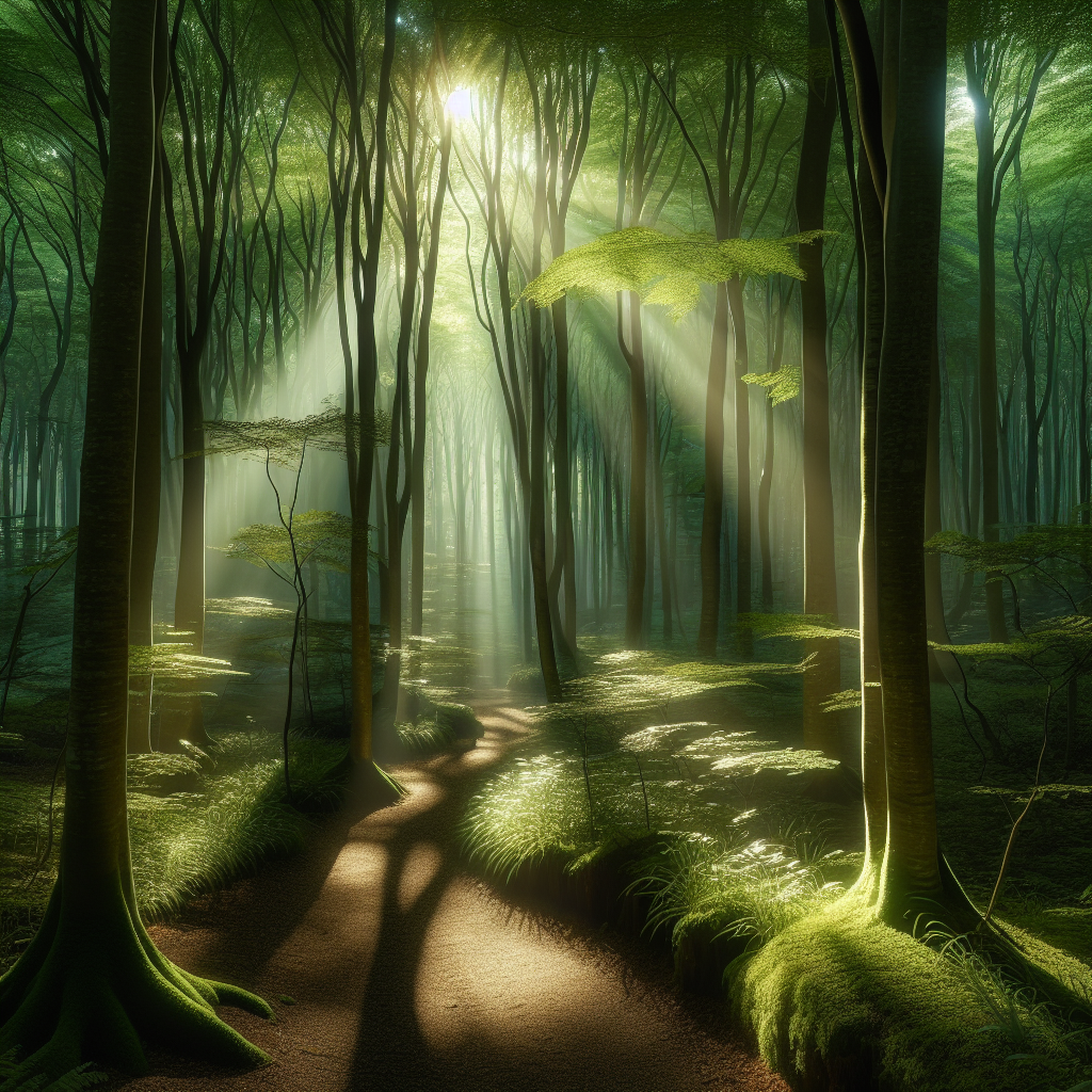 A serene image of a dense forest with shafts of sunlight filtering through the leaves, casting dappled shadows on a meandering path. This captures the essence of forest bathing, inviting viewers to imagine themselves walking quietly, engaging all their senses in the tranquil environment.