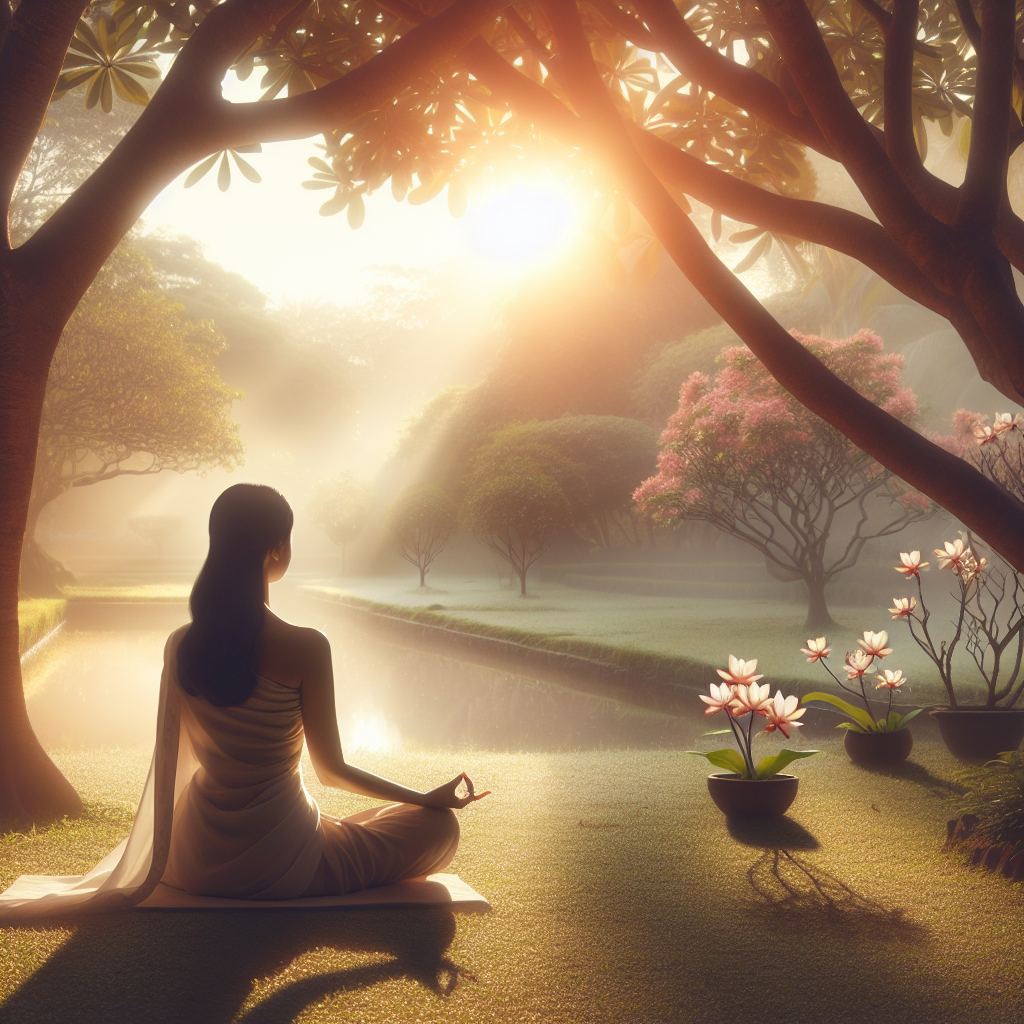 A serene image of a person meditating in a tranquil garden at dawn, with soft sunlight filtering through the trees, symbolizing the peaceful journey of self-discovery and the blossoming of inspiration.