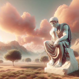An ancient Greek statue of a philosopher, surrounded by a serene landscape, symbolizing the Stoic principle of focusing on what is within one's control amidst chaos. The image conveys a sense of calm and introspection, aligning with the theme of emotional resilience.