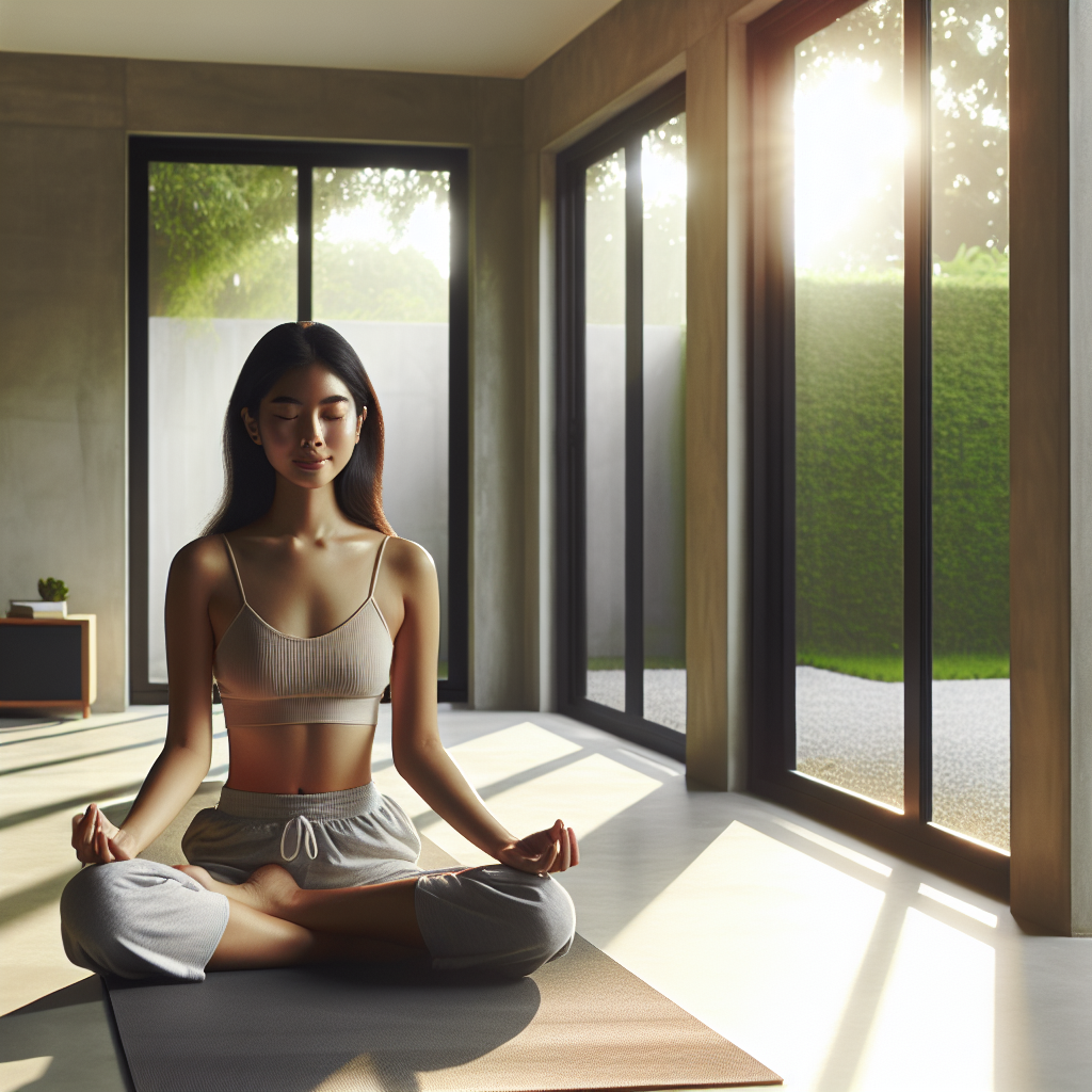 A serene scene of an individual seated in lotus position on a yoga mat placed in a minimalist, sunlit room. Large windows reveal a view of a calm garden outside. The person's eyes are gently closed, embodying tranquility and heightened awareness amidst the softly glowing morning light.