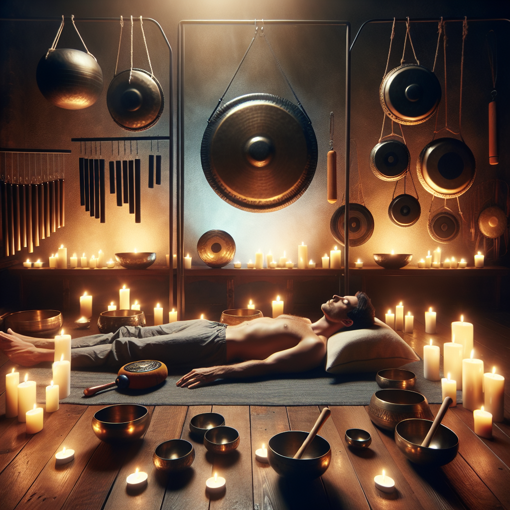 A tranquil room dimly lit with candles, featuring an array of singing bowls, gongs, and tuning forks. A person lies comfortably amidst the instruments, eyes closed, as gentle sound waves seem to ripple visibly through the air, creating an atmosphere of deep relaxation and healing.