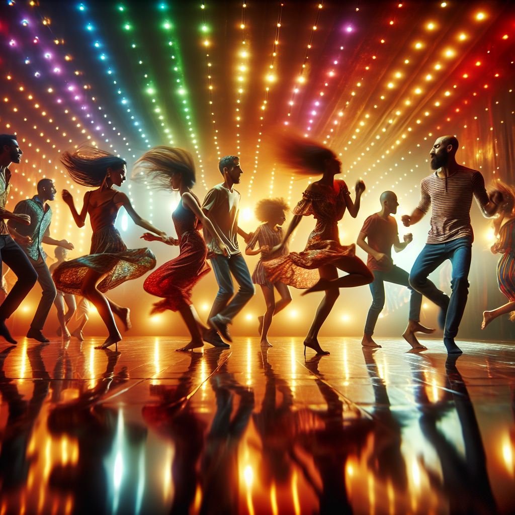 A vibrant dance space filled with warm, multicolored lights reflecting off the walls. Individuals are happily lost in movement, their forms free and expressive. The absence of choreography is evident in the diverse and spontaneous expressions of joy and liberation in every dancer.