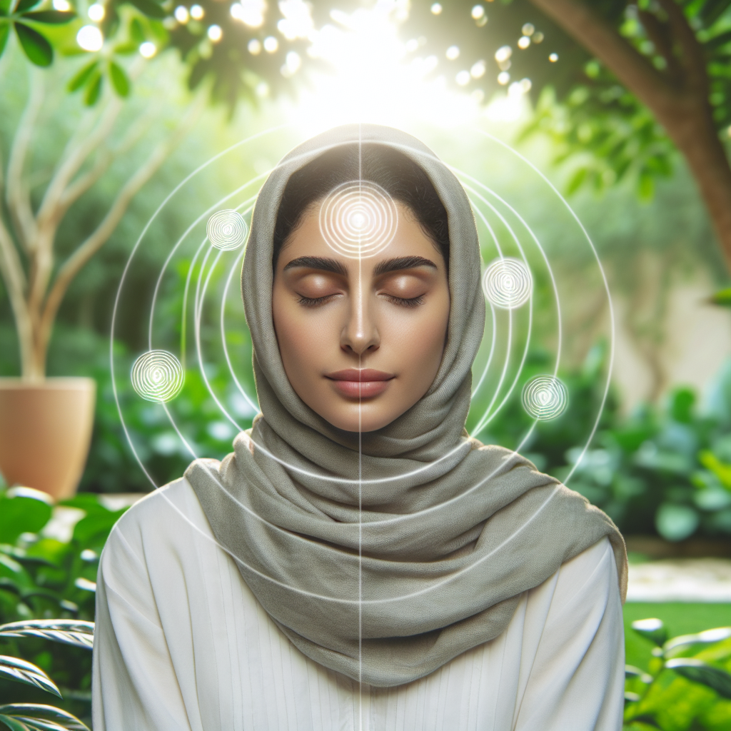 A serene image of a person sitting quietly in a lush park, eyes closed, with subtle focus highlights around their senses.