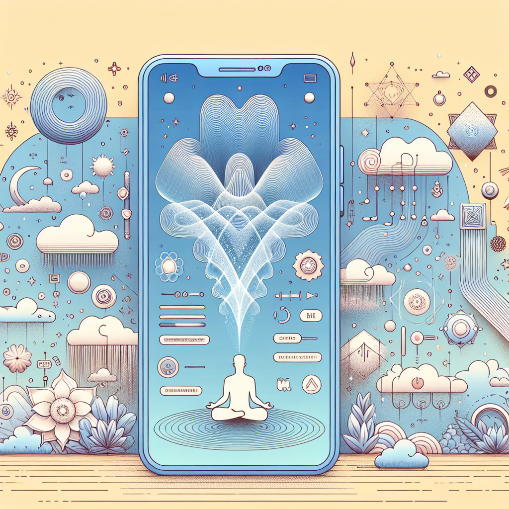 An artistic illustration of a smartphone screen displaying a calming breathing app interface.