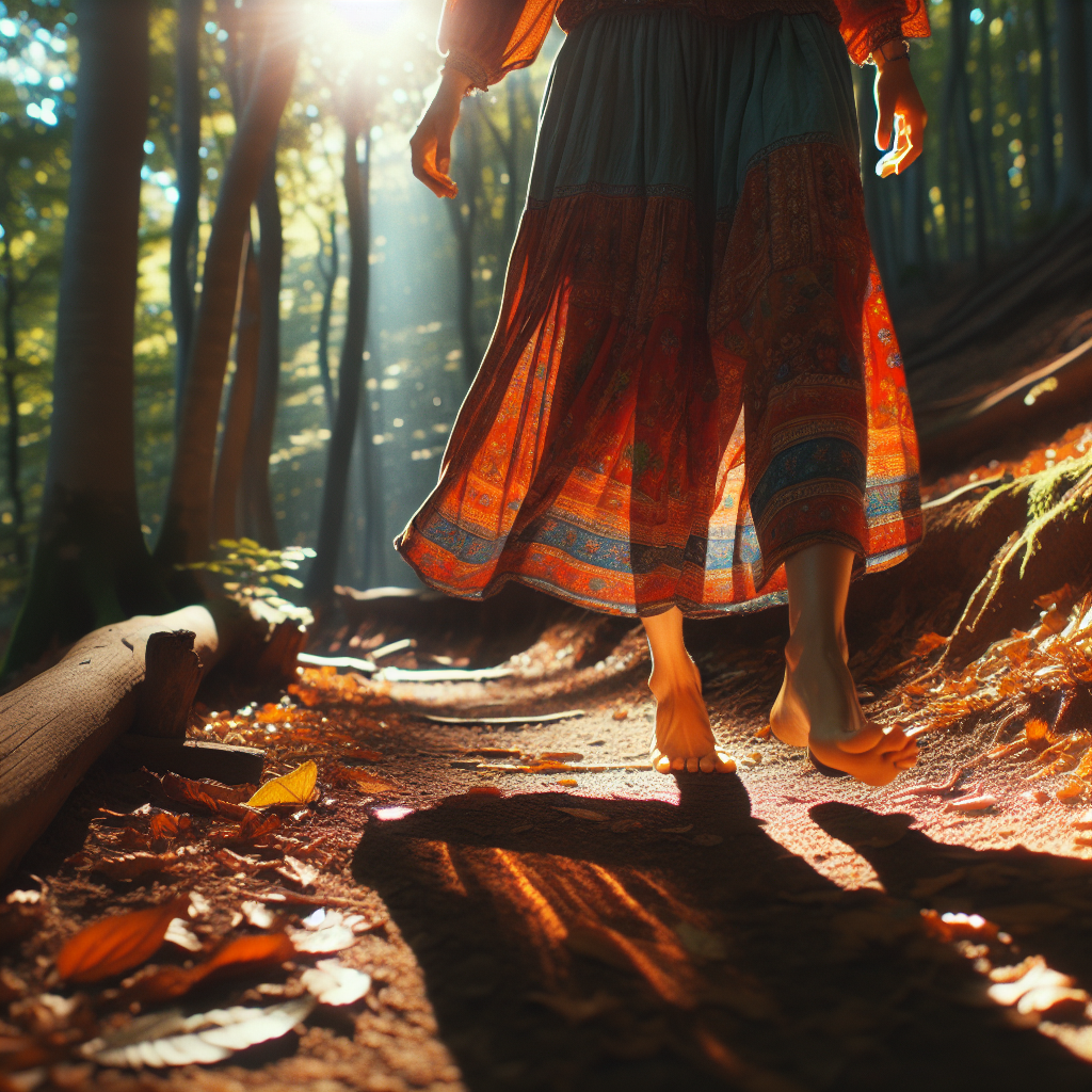 A vibrant photograph of a person walking barefoot on a sun-dappled forest trail.