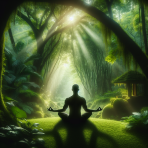 A serene image of a person sitting cross-legged in meditation, surrounded by gentle, glowing light. The background features a tranquil natural setting, such as a peaceful garden or a quiet forest, symbolizing tranquility and inner calm.