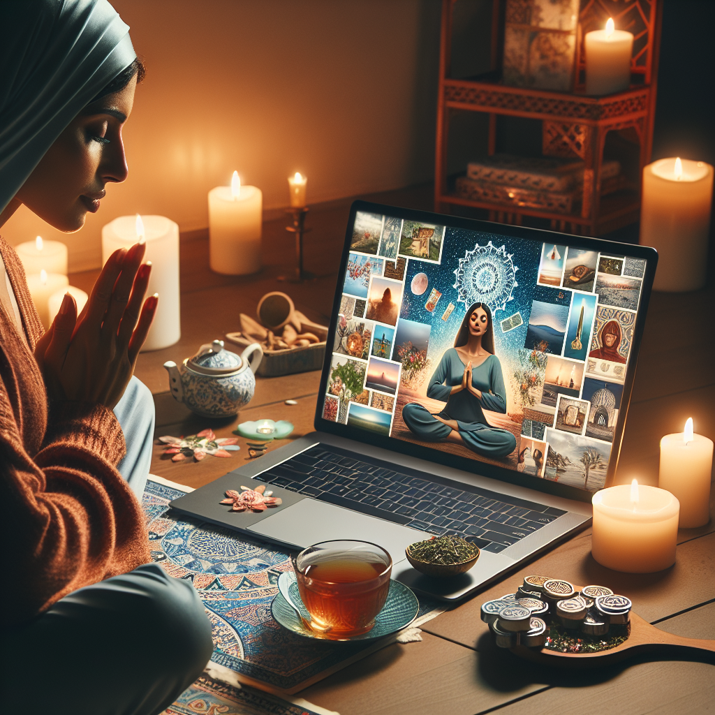 A digital vision board displayed on a laptop screen, surrounded by tranquil elements like candles and a cup of herbal tea, symbolizing a serene meditation atmosphere. The screen shows images of success and happiness, with a person meditating nearby, eyes gently closed, engaged in visualization.