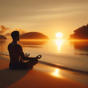 A serene landscape of a tranquil beach at sunrise, with a lone individual sitting cross-legged on the sand, eyes closed, practicing mindful breathing. The golden light reflects gently on the water, symbolizing the calm and focus achieved through mindful breathing.
