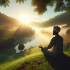 A serene image of a person meditating at sunrise, sitting cross-legged on a lush grassy hill overlooking a calm, misty valley. Soft morning light filters through the trees, casting gentle shadows, symbolizing the tranquility and focus of mindfulness meditation.