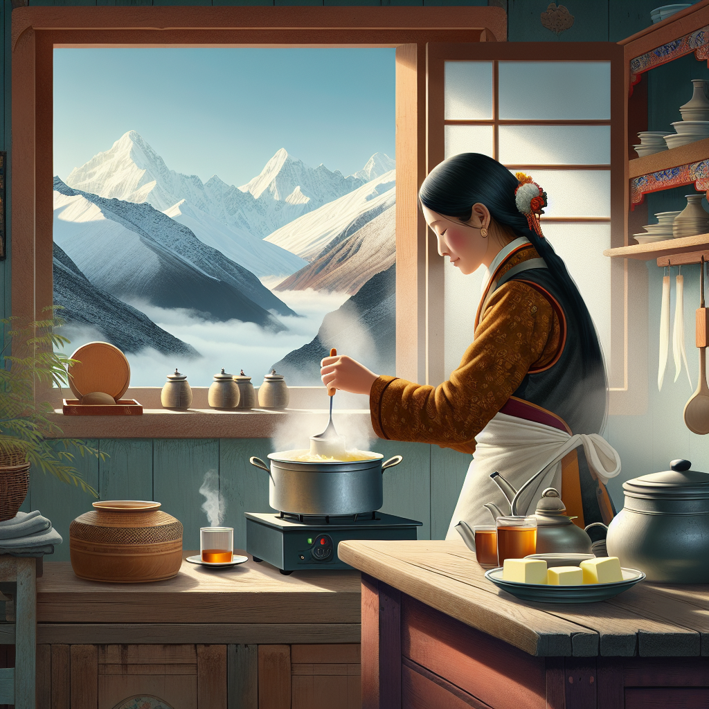 A serene image of a Tibetan woman in traditional attire carefully preparing po cha, or butter tea, in a rustic kitchen setting high in the Tibetan mountains. The scene captures the steam rising gently from the pot, with snow-capped peaks visible through a window, emphasizing the meditative and warming aspects of the ritual.