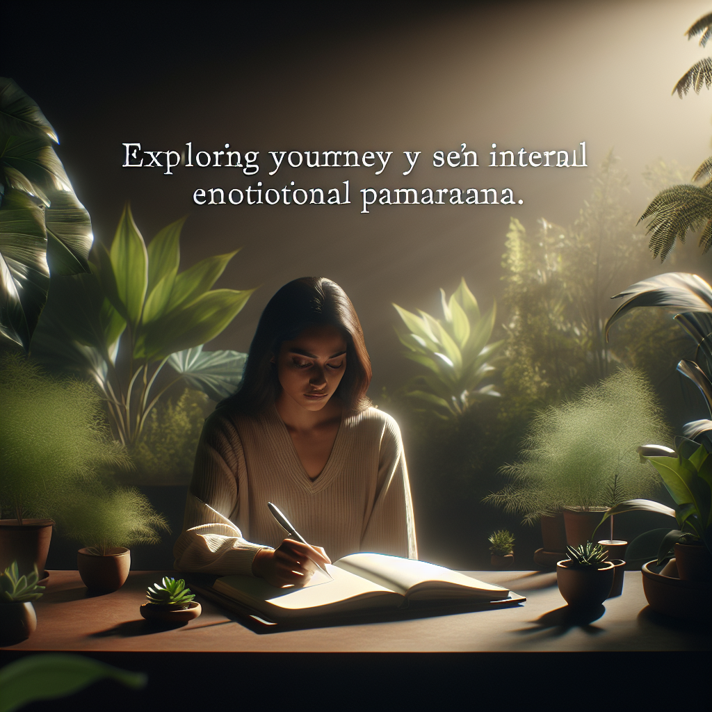 A serene setting showing a person sitting at a desk with a journal open, pen in hand, surrounded by plants and soft lighting. The scene conveys a mood of introspection and emotional understanding, symbolizing the journey of exploring one's inner emotional landscape.