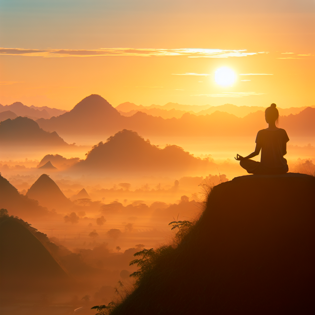 A serene landscape at sunrise, symbolizing a peaceful moment in time. The sun casts a warm glow over a solitary figure practicing meditation, sitting in a meditative pose on a quiet hilltop overlooking a tranquil valley.