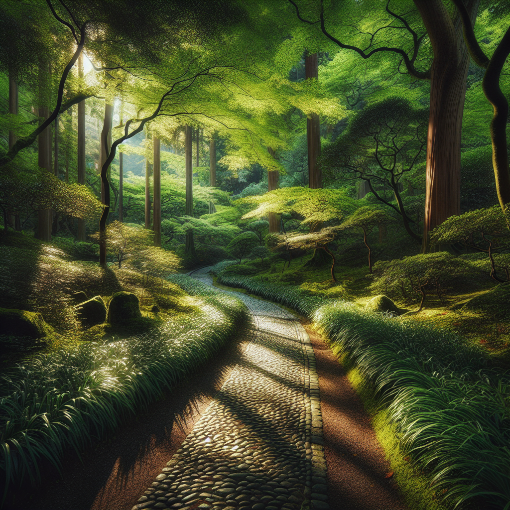 A serene forest pathway with dappled sunlight filtering through the dense canopy of towering trees. The scene captures the lush greenery and tranquil atmosphere that invites the viewer to imagine the calming scents and soothing sounds of a Japanese forest, evoking a sense of peace and mindfulness.