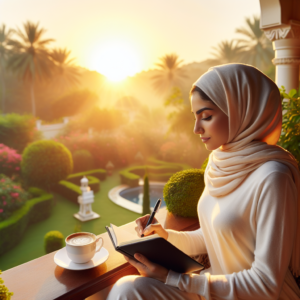 A serene morning scene with a person sitting on a balcony, sipping coffee and writing in a gratitude journal. The sunrise casts a warm glow over a garden, enhancing the atmosphere of reflection and gratitude.