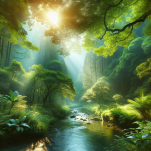 A serene landscape showcasing a lush forest with a clear, flowing river cutting through the greenery, representing the harmony between humans and nature. The soft light filtering through the trees emphasizes peace and balance, echoing the Taoist principle of living in tune with the natural world.