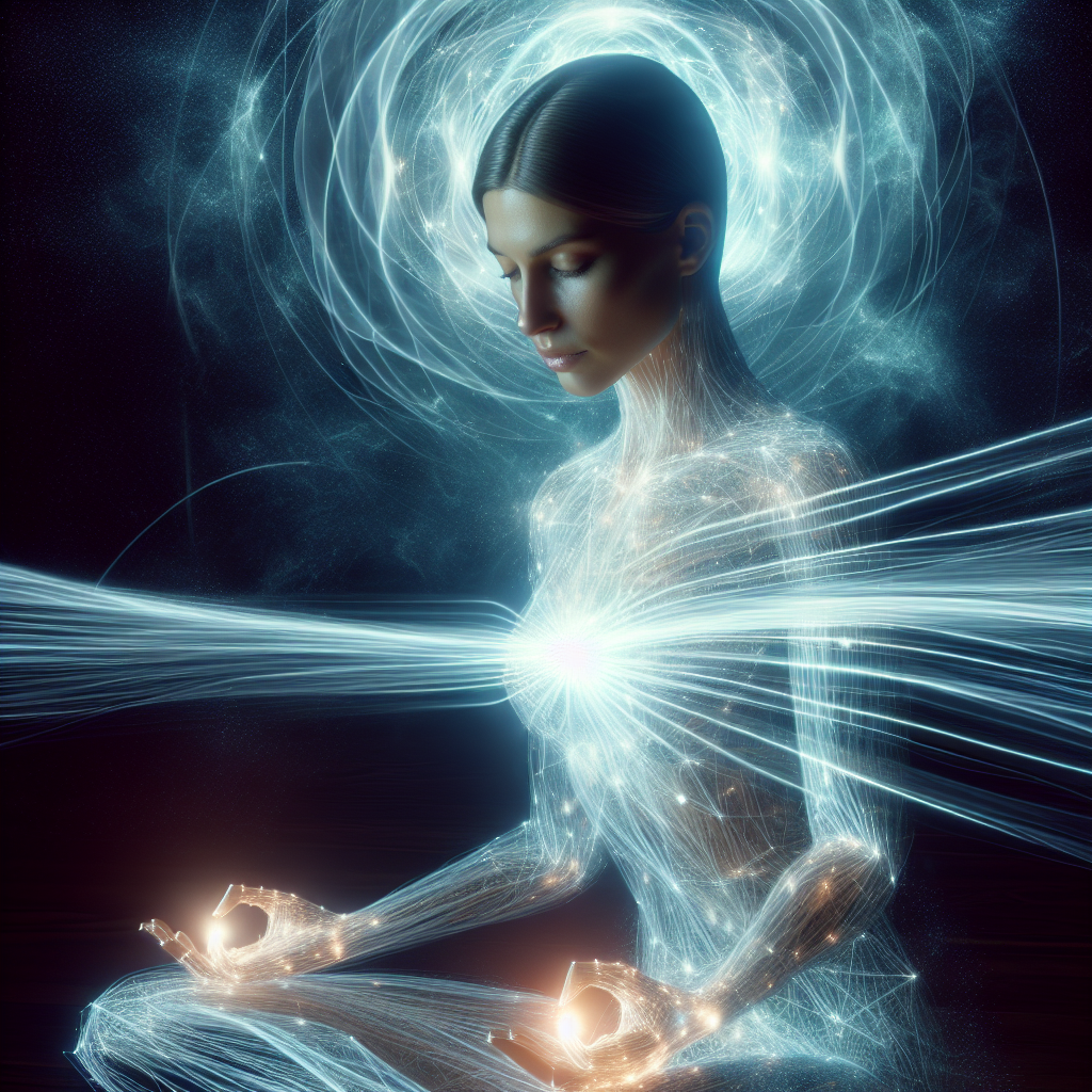 An image depicting a serene individual sitting in meditation, surrounded by a gentle aura of light, symbolizing the focused intention guiding energy flow. Soft light trails represent the movement of thoughts and intentions altering the space around them, highlighting the impact of mental focus.