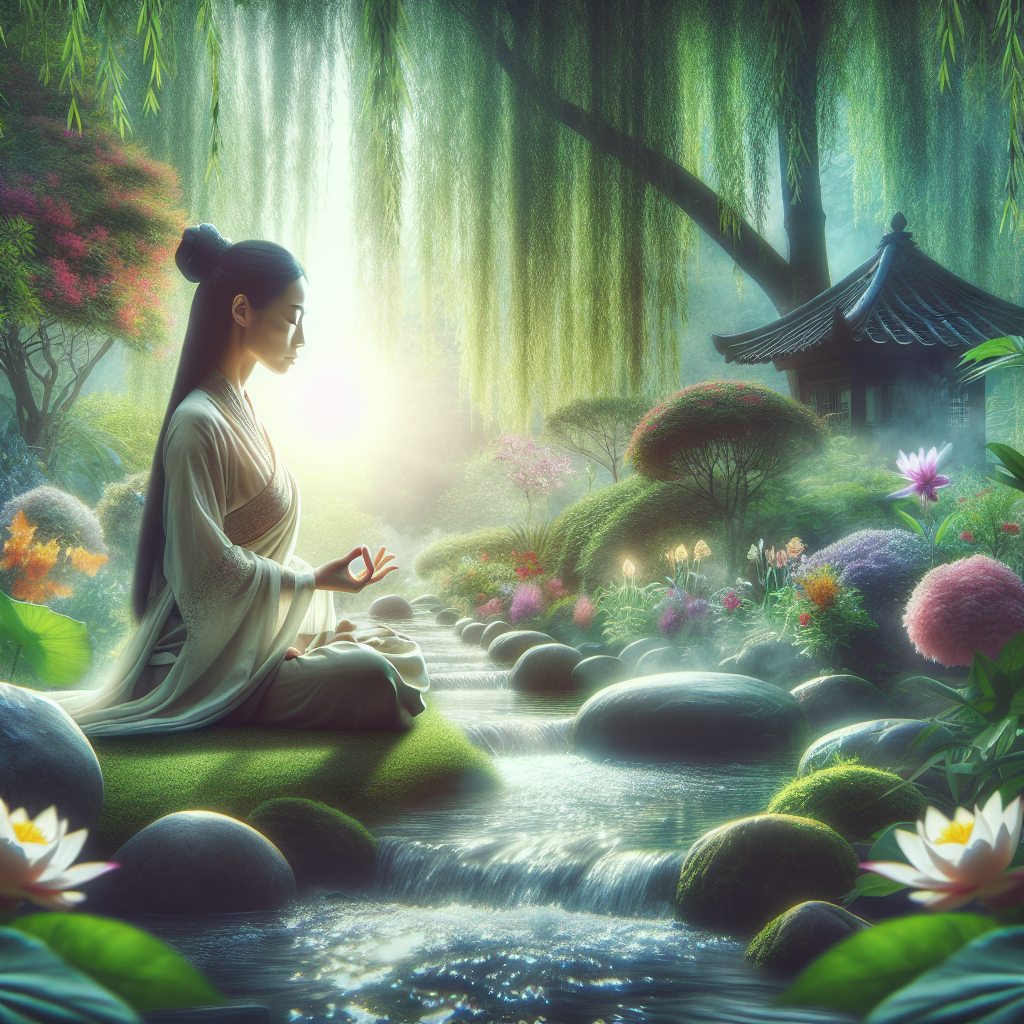 A serene image of a person practicing meditation in a tranquil setting, such as a peaceful garden or a quiet room, with soft focus on the face to signify concentration and clarity of mind, symbolizing an enhanced ability to maintain focus and filter out distractions.