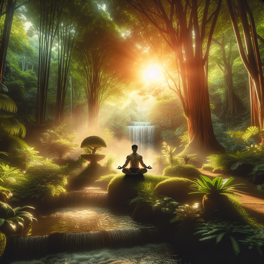 A serene image depicting a person seated in a meditative pose amidst a tranquil garden setting. They are surrounded by lush greenery and a gentle waterfall, symbolizing the calming effects of mindfulness practice. Soft sunlight filters through the trees, creating a peaceful and inviting ambiance.