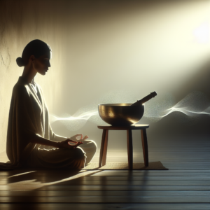 A serene image of a morning scene bathed in soft sunlight, showcasing a person sitting in a meditative posture with a Tibetan singing bowl placed before them. The bowl is gently being played, with visible delicate ripples in the surrounding air, indicative of the sound vibrations.