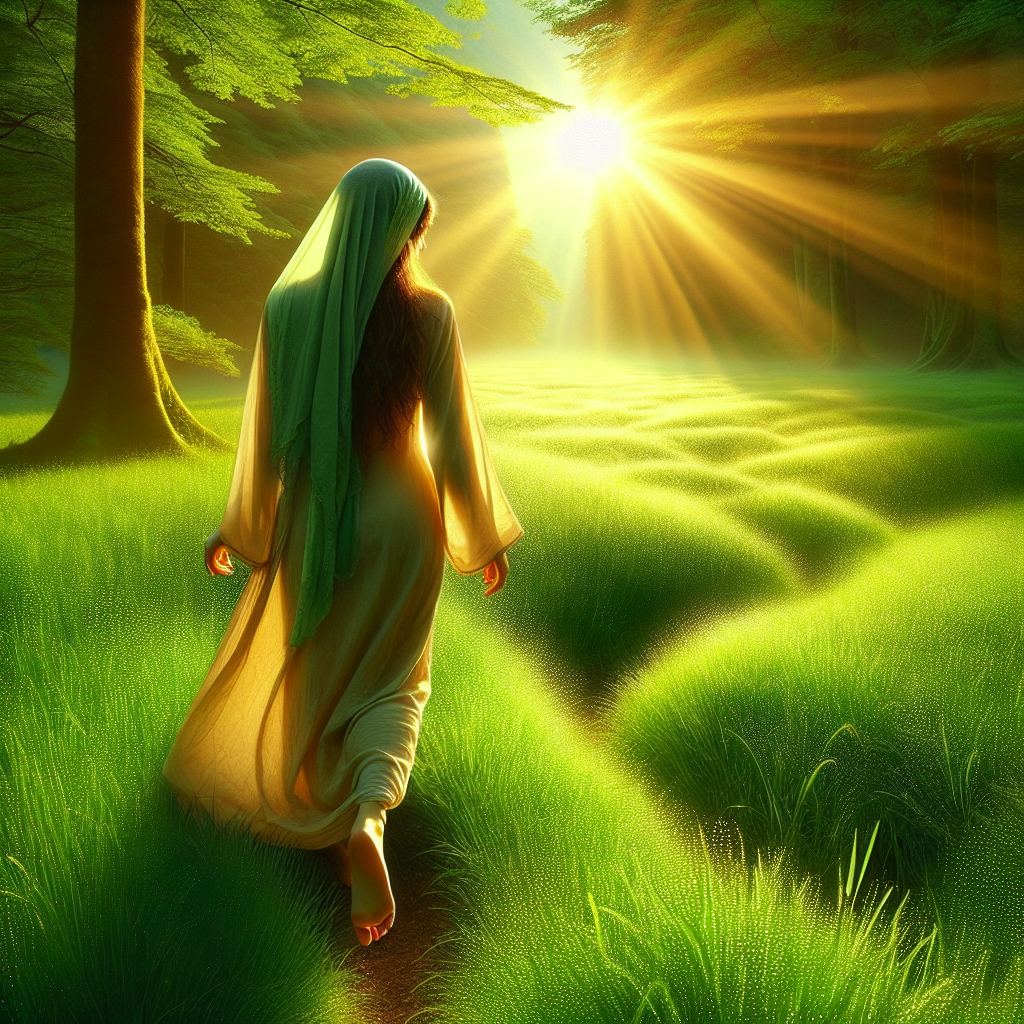A serene image of an individual walking barefoot on a lush, green meadow, with the golden light of the morning sun filtering through nearby trees. The dewdrops on the grass glisten, symbolizing the refreshing connection with the earth. The image conveys a sense of tranquility and unity with nature, reflecting the principles of grounding through earthing.