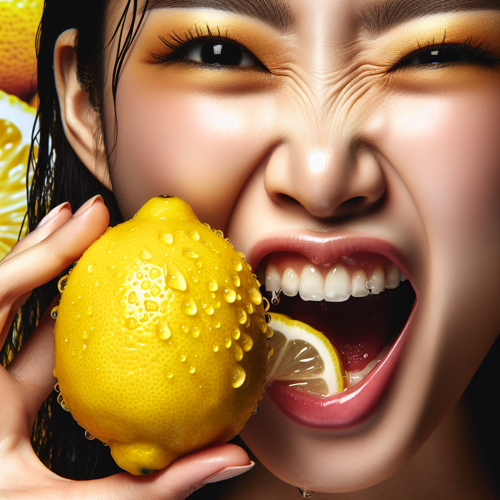 A close-up of a vibrant yellow lemon with droplets of water on its peel to emphasize freshness. In the background, a blurred image of a person playfully biting into a lemon, capturing their curious expression as they experience the sharp, tangy taste.
