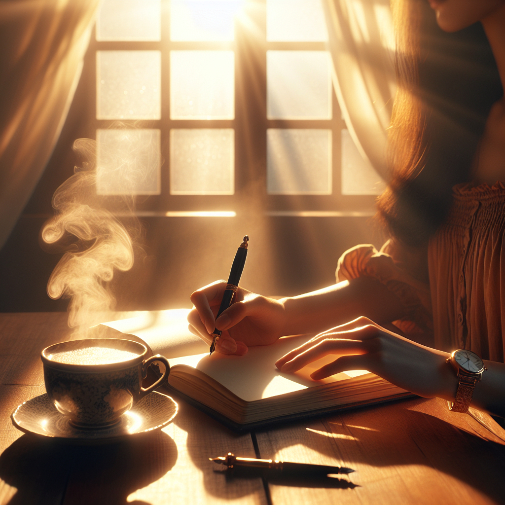 A serene early morning scene at a cozy, sunlit desk with a steaming cup of coffee, an open journal, and a hand poised with a pen, capturing the essence of peaceful morning writing.