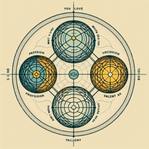 An intricate diagram illustrating the four overlapping spheres of Ikigai: what you love, what you are good at, what the world needs, and what you can be paid for. The center spot marked 'Ikigai' is highlighted to symbolize balance and purpose.