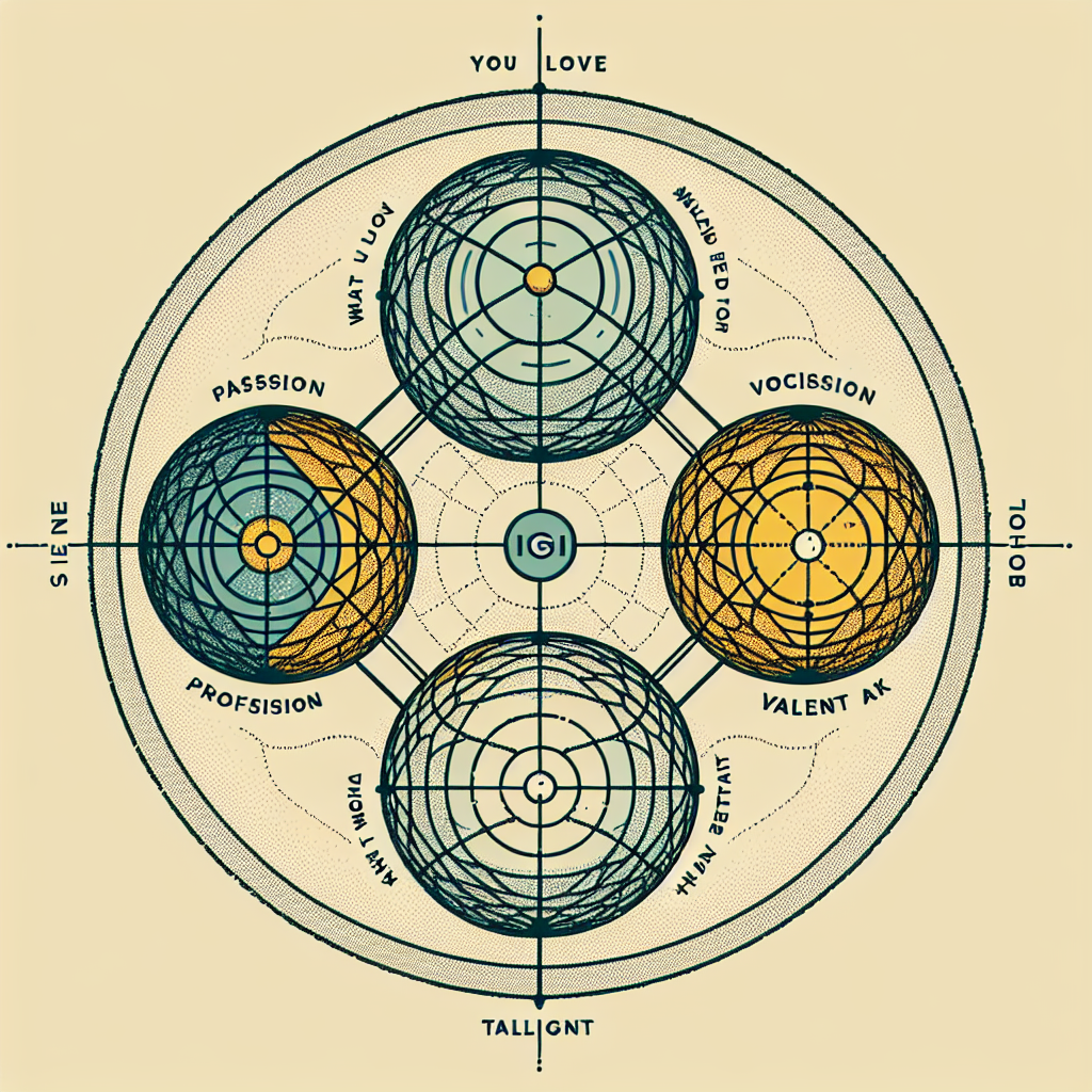An intricate diagram illustrating the four overlapping spheres of Ikigai: what you love, what you are good at, what the world needs, and what you can be paid for. The center spot marked 'Ikigai' is highlighted to symbolize balance and purpose.